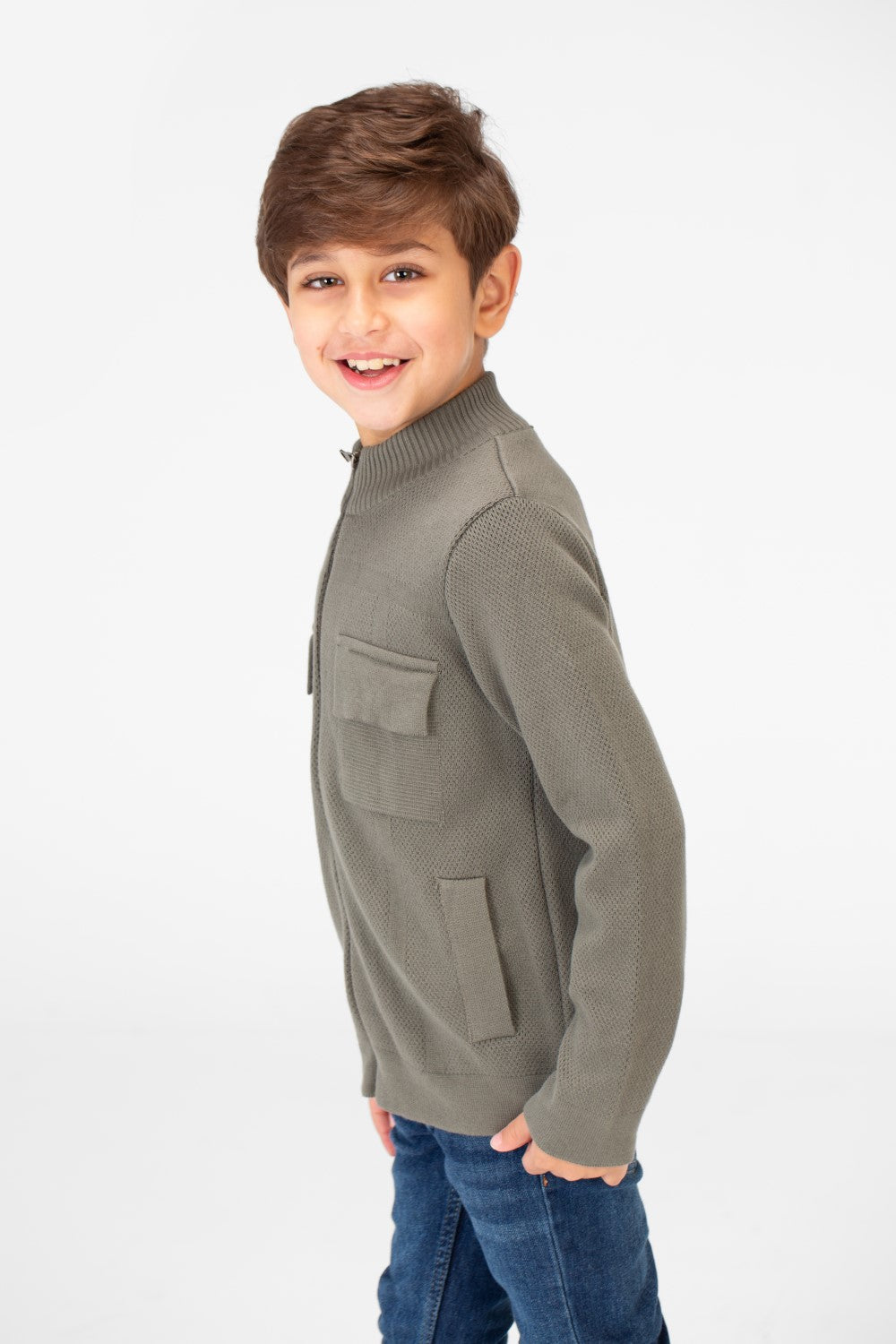 بلوفر قطني للأولاد بسحاب كامل وجيوب