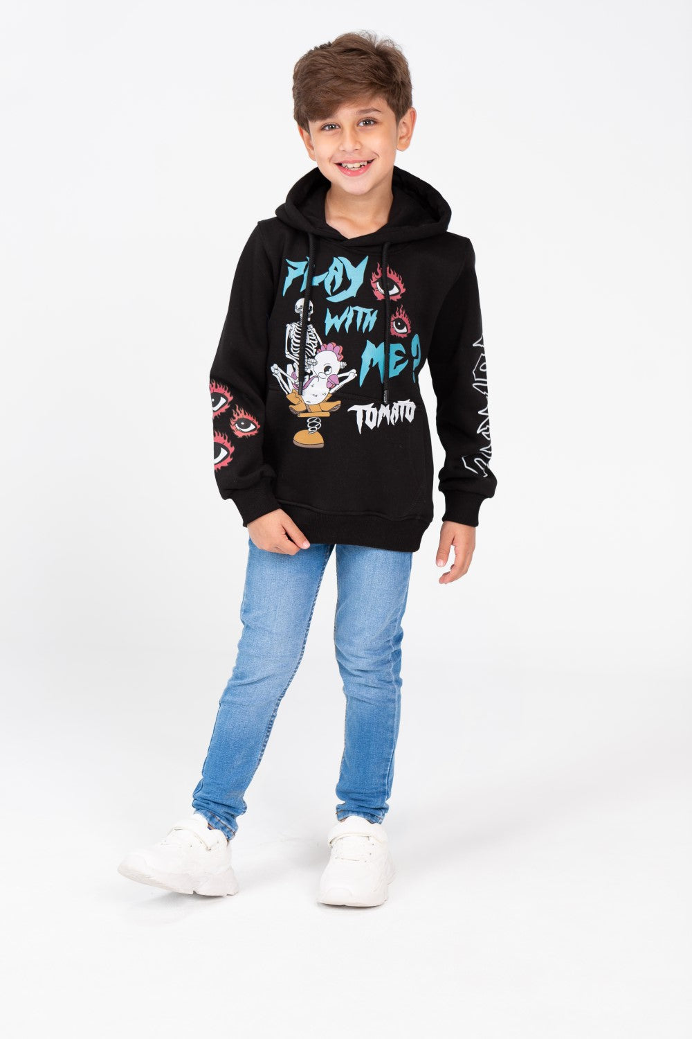 سويت شيرت مطبوع للأولاد بغطاء رأس وأكمام طويلة