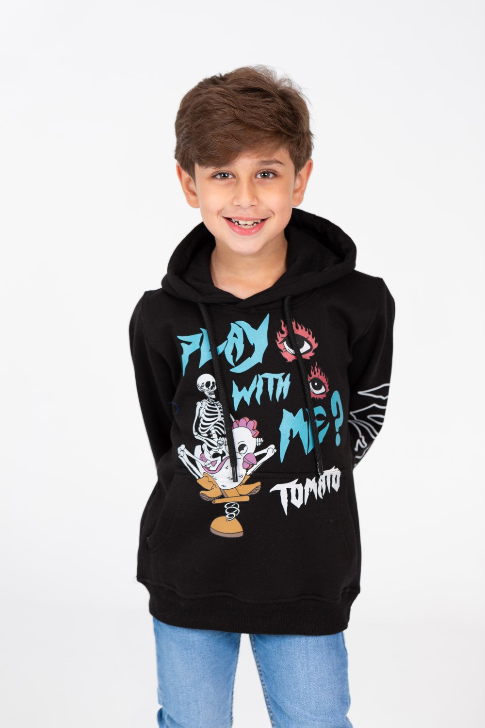 سويت شيرت مطبوع للأولاد بغطاء رأس وأكمام طويلة