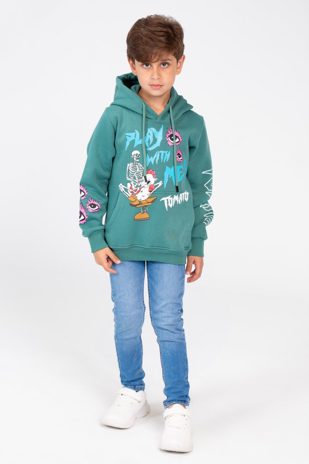 سويت شيرت مطبوع للأولاد بغطاء رأس وأكمام طويلة