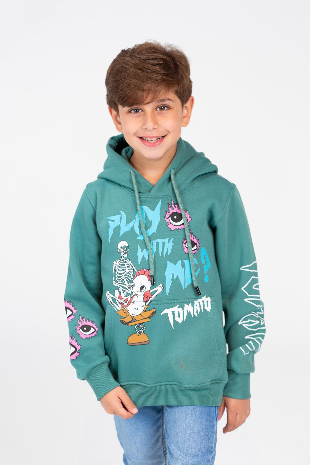 سويت شيرت مطبوع للأولاد بغطاء رأس وأكمام طويلة