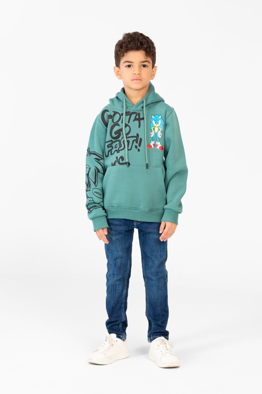 سويت شيرت مطبوع للأولاد بغطاء رأس وجيب كنغر