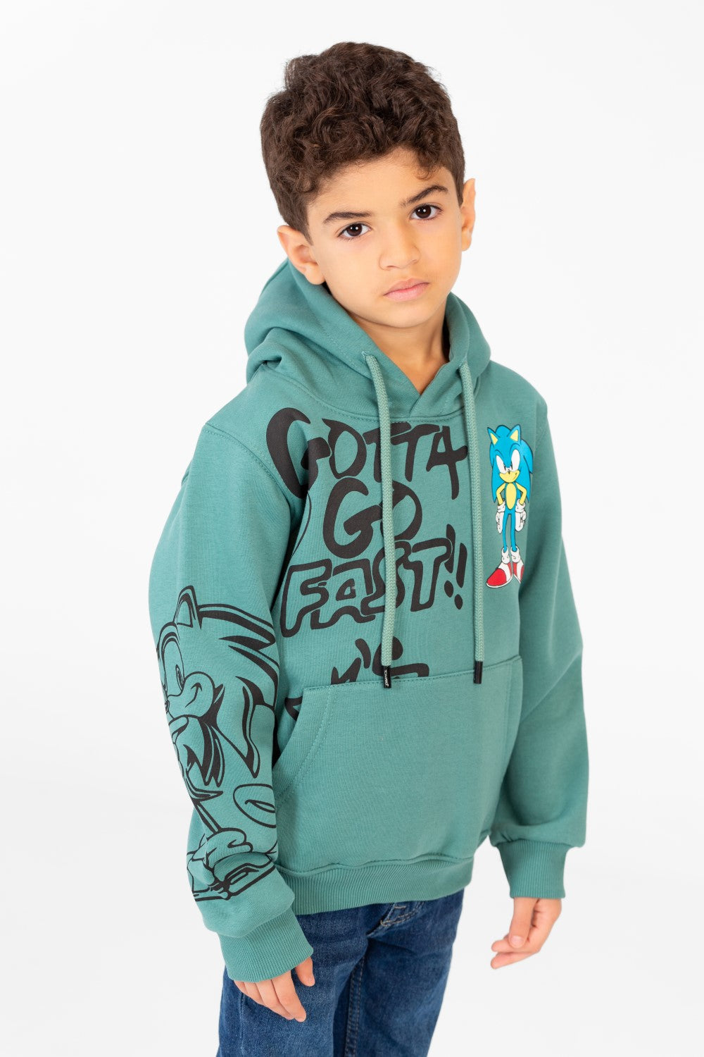 سويت شيرت مطبوع للأولاد بغطاء رأس وجيب كنغر