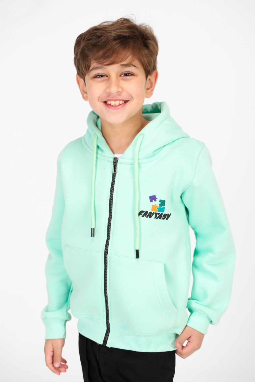 سويت شيرت مطبوع بغطاء رأس وسحّاب للأولاد