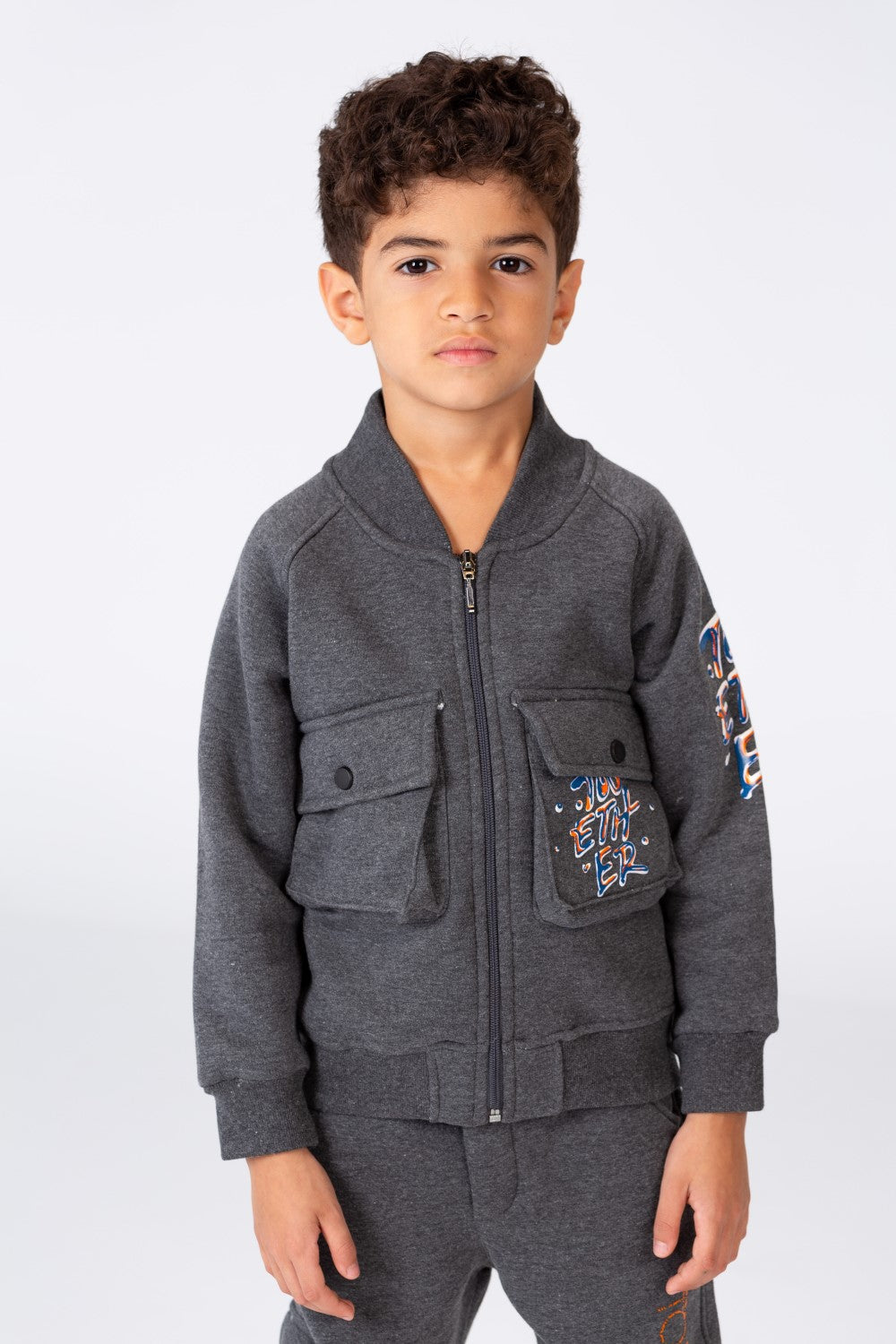 Boy's Padded Front & Sleeves Printed Made Of Comfort Melton Training Suit With Front Pockets