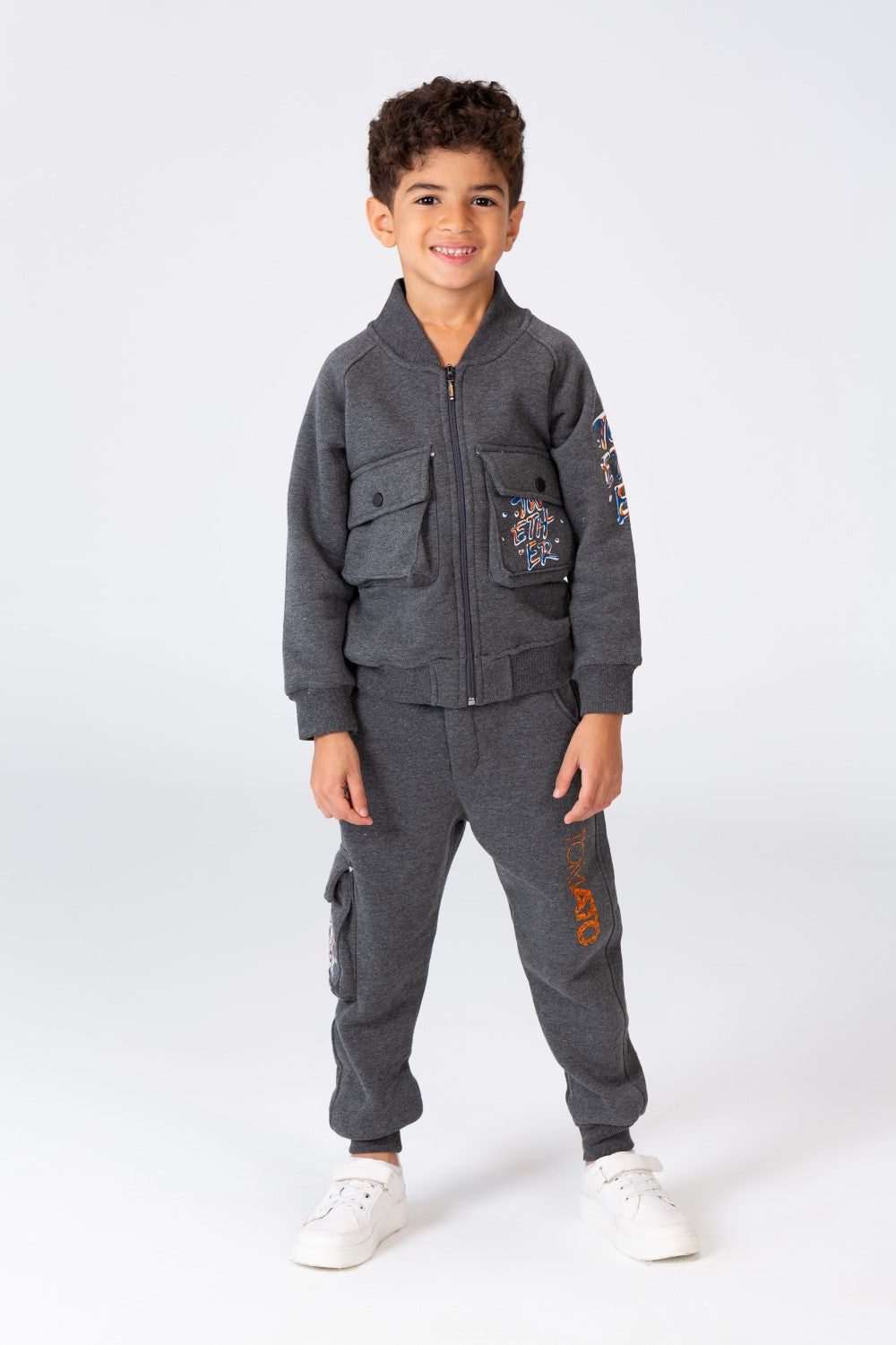 Boy's Padded Front & Sleeves Printed Made Of Comfort Melton Training Suit With Front Pockets