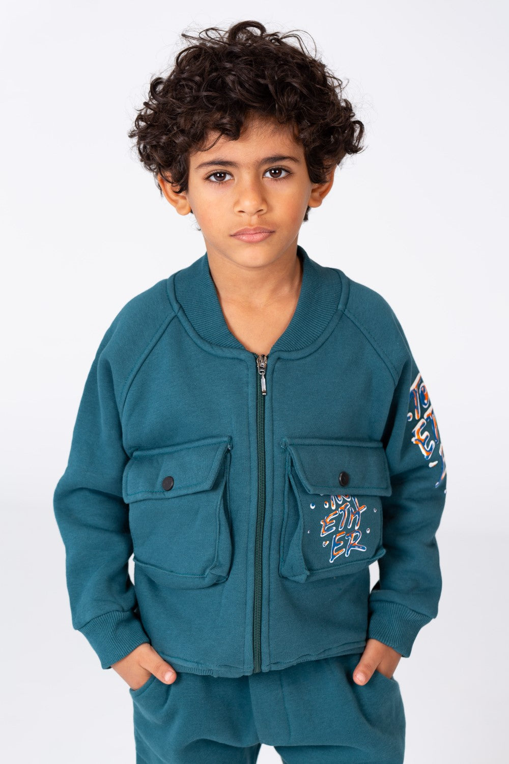 Boy's Padded Front & Sleeves Printed Made Of Comfort Melton Training Suit With Front Pockets