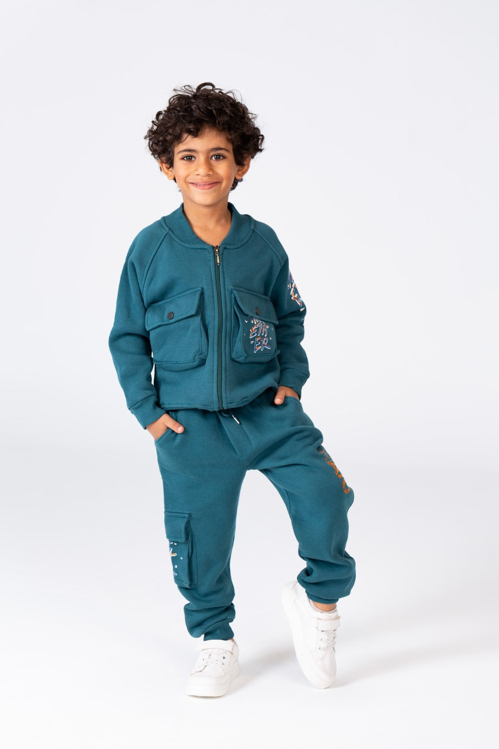 Boy's Padded Front & Sleeves Printed Made Of Comfort Melton Training Suit With Front Pockets
