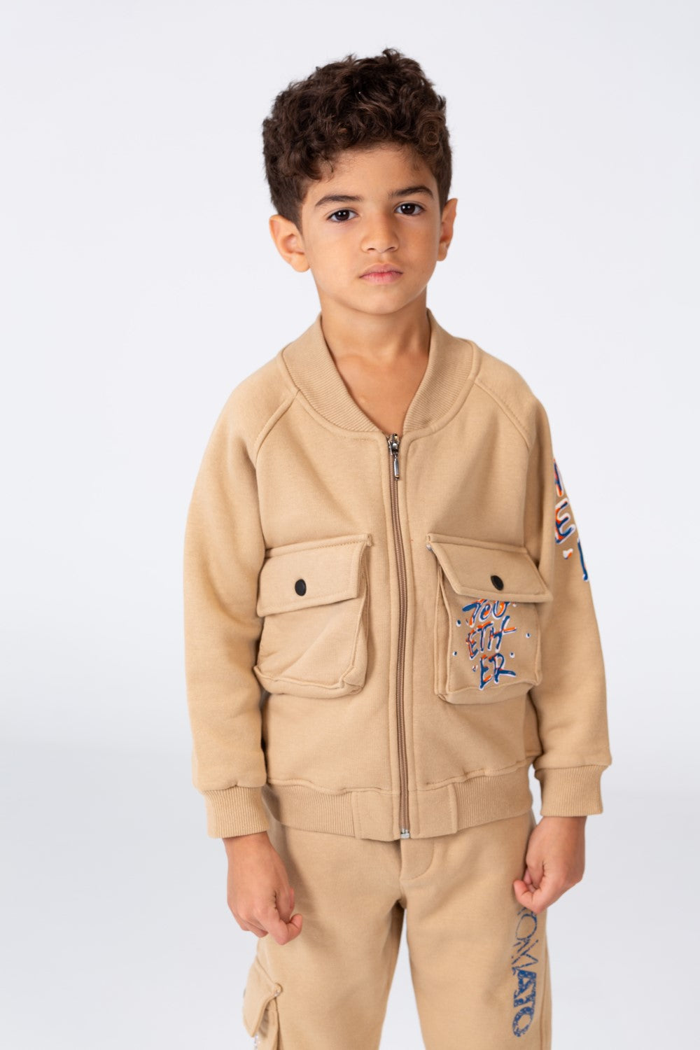 Boy's Padded Front & Sleeves Printed Made Of Comfort Melton Training Suit With Front Pockets