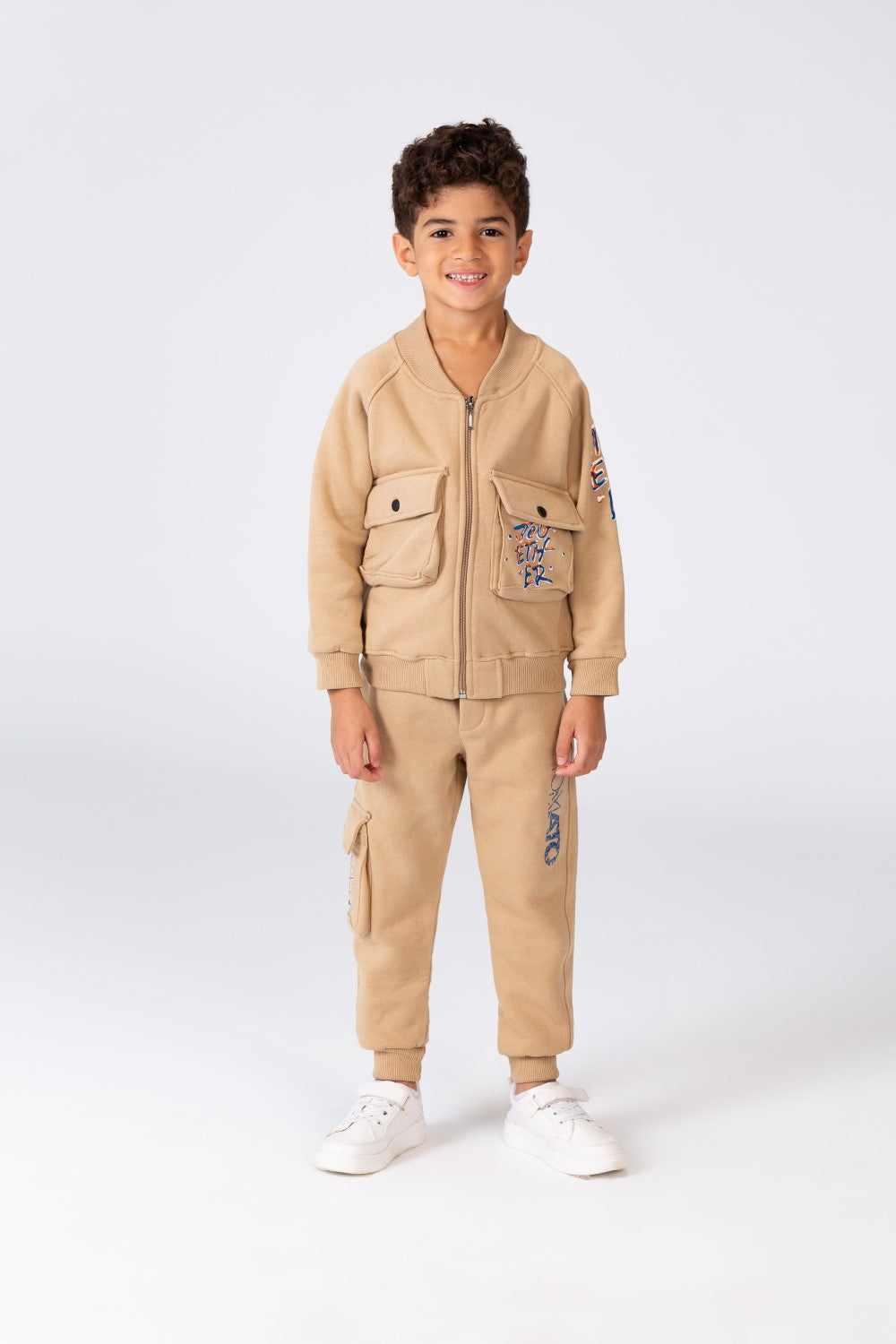 Boy's Padded Front & Sleeves Printed Made Of Comfort Melton Training Suit With Front Pockets