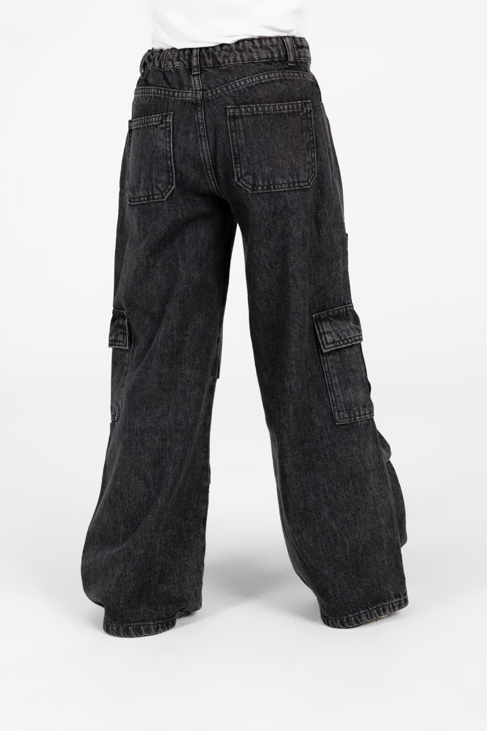 بنطلون جينز واسع الساق للبنات مع جيوب جانبية