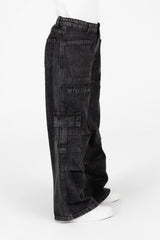 بنطلون جينز واسع الساق للبنات مع جيوب جانبية