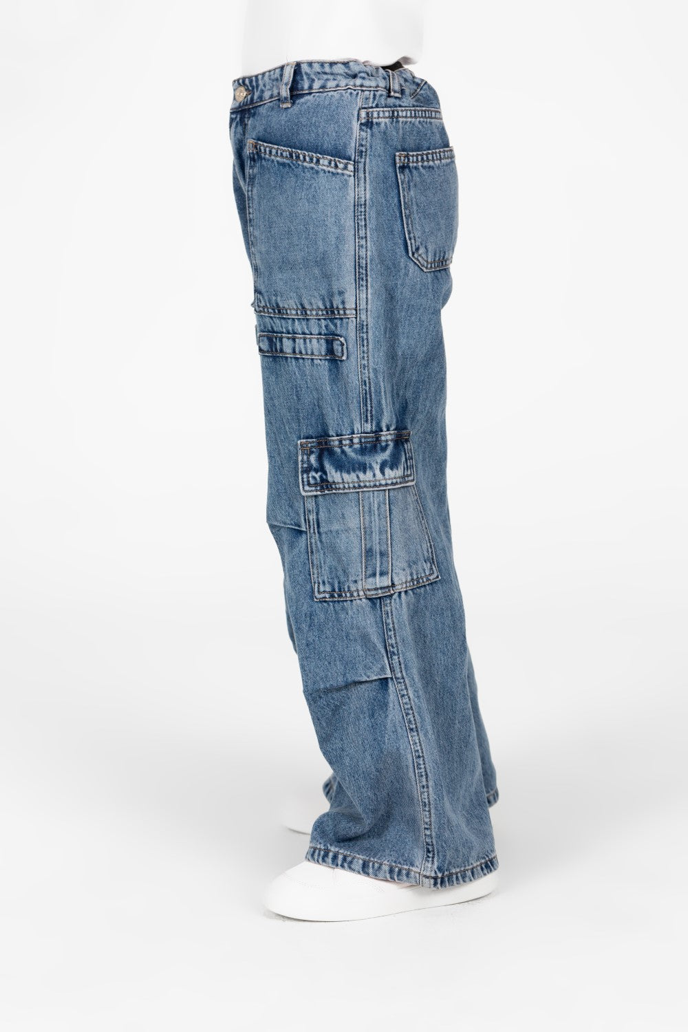 بنطلون جينز واسع الساق للبنات مع جيوب جانبية