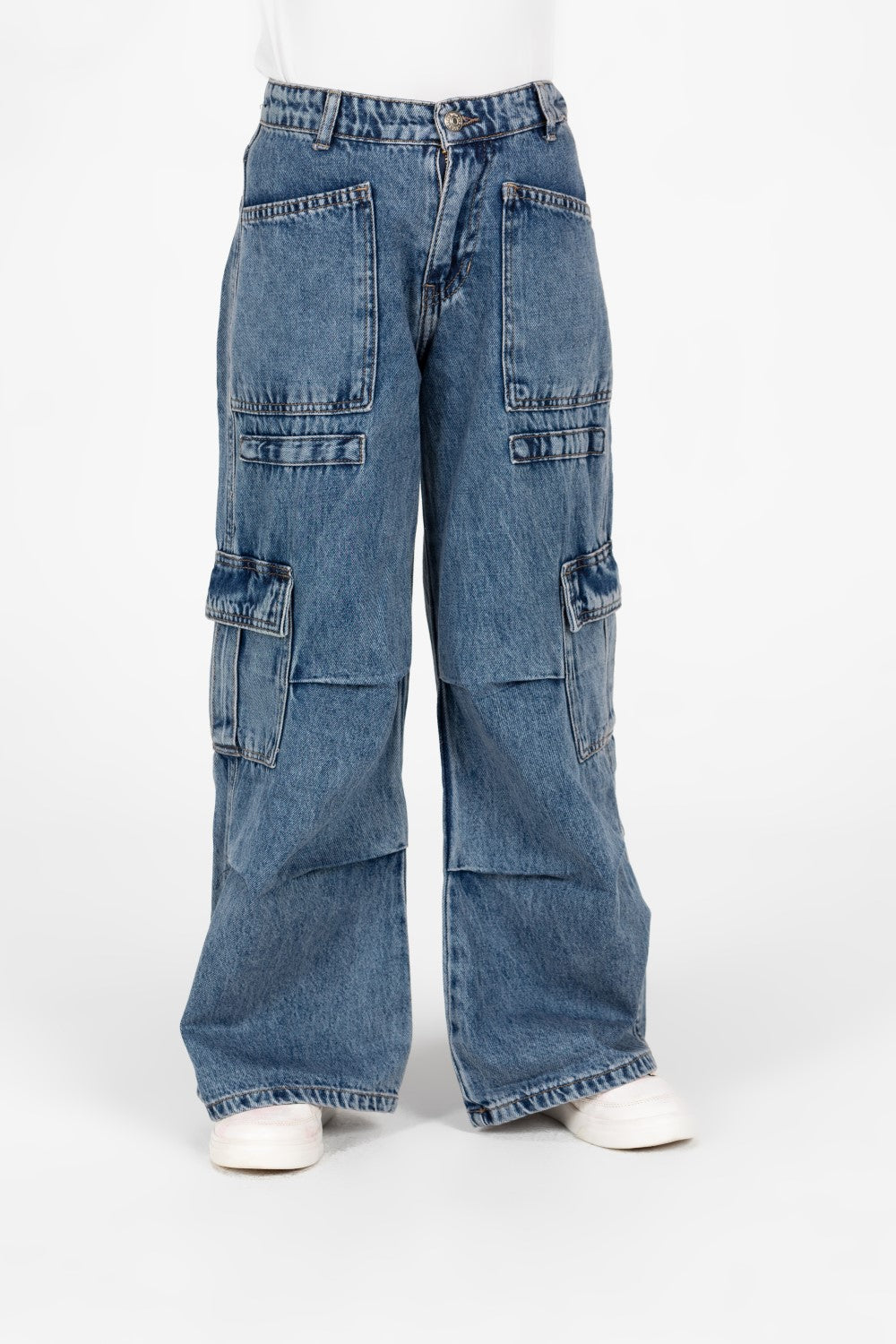 بنطلون جينز واسع الساق للبنات مع جيوب جانبية