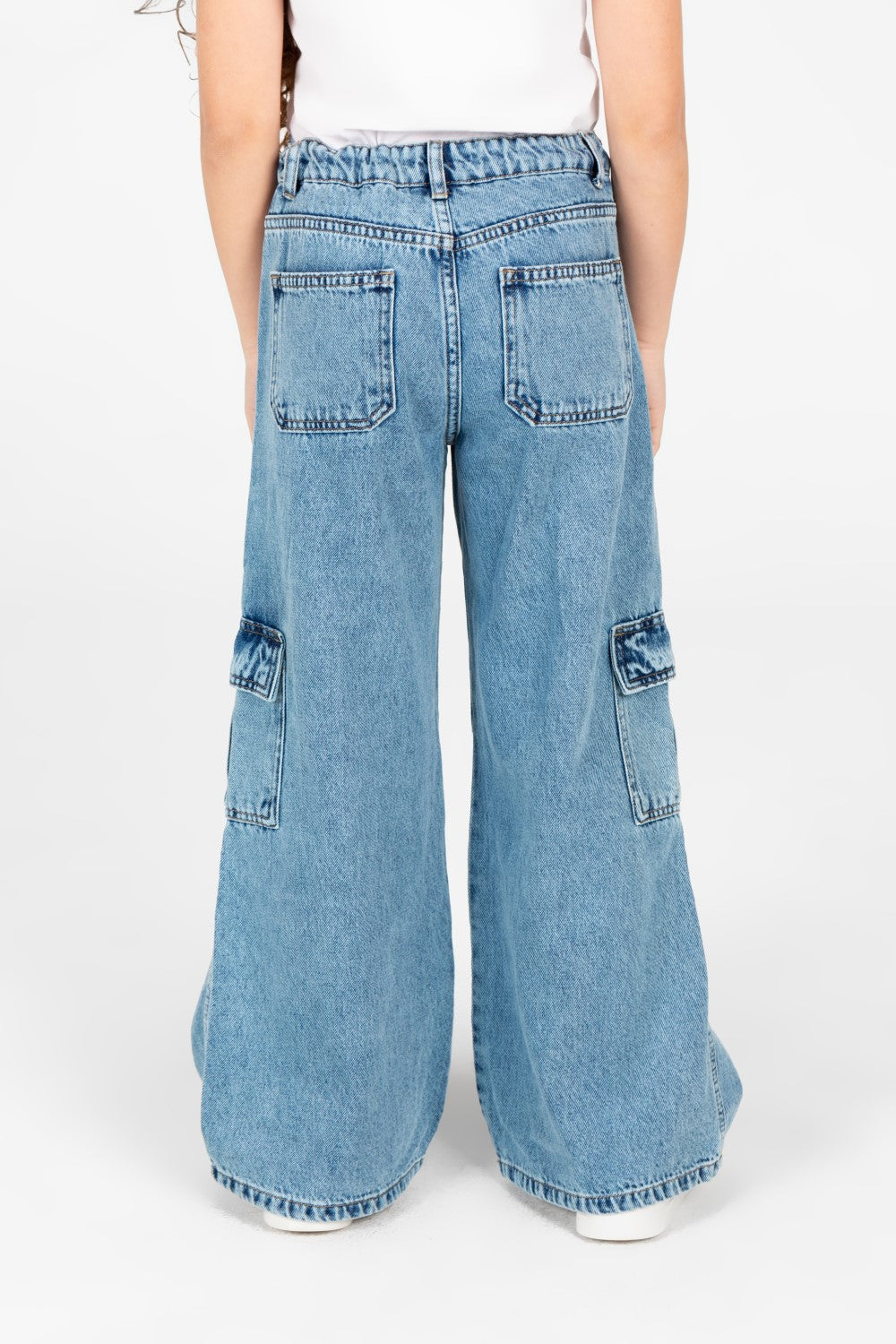 بنطلون جينز واسع الساق للبنات مع جيوب جانبية