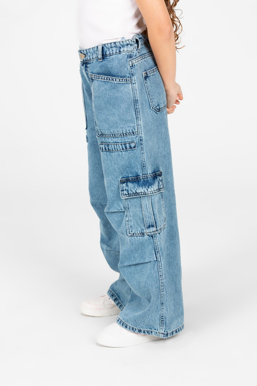بنطلون جينز واسع الساق للبنات مع جيوب جانبية