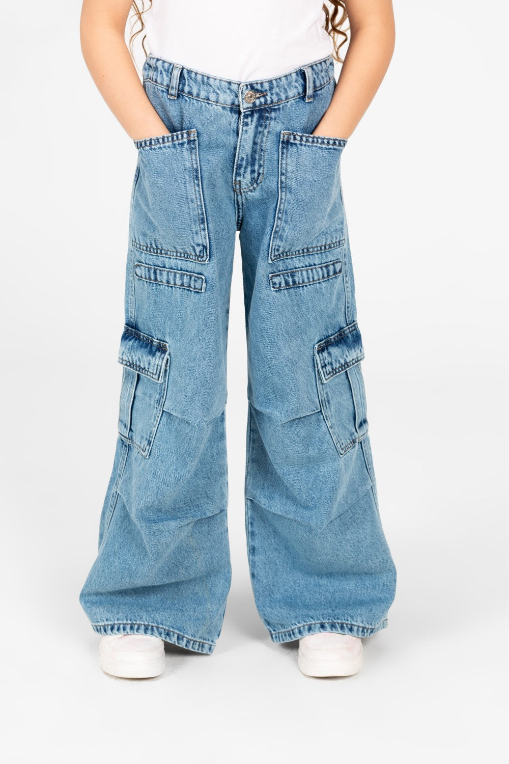 بنطلون جينز واسع الساق للبنات مع جيوب جانبية