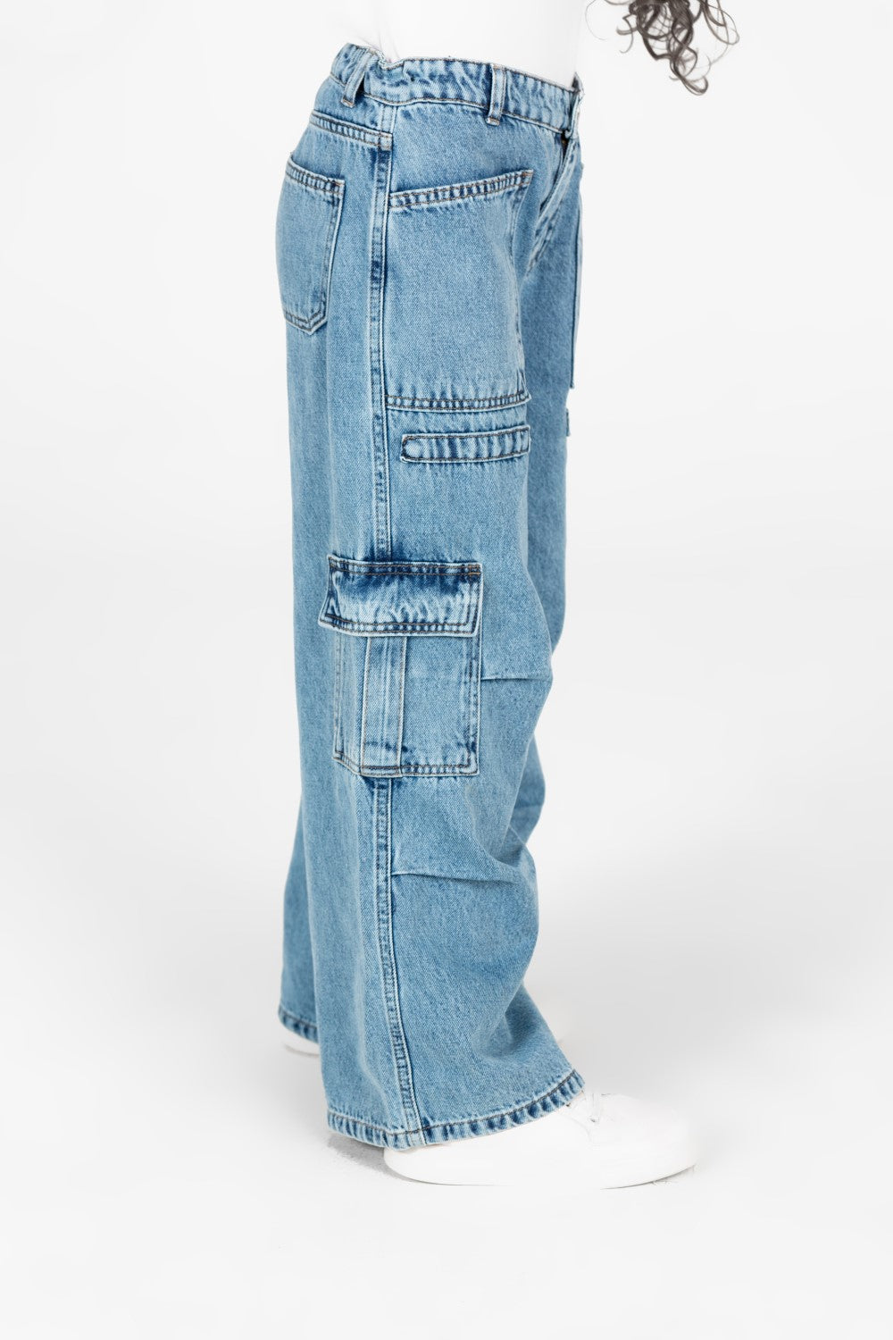 بنطلون جينز واسع الساق للبنات مع جيوب جانبية