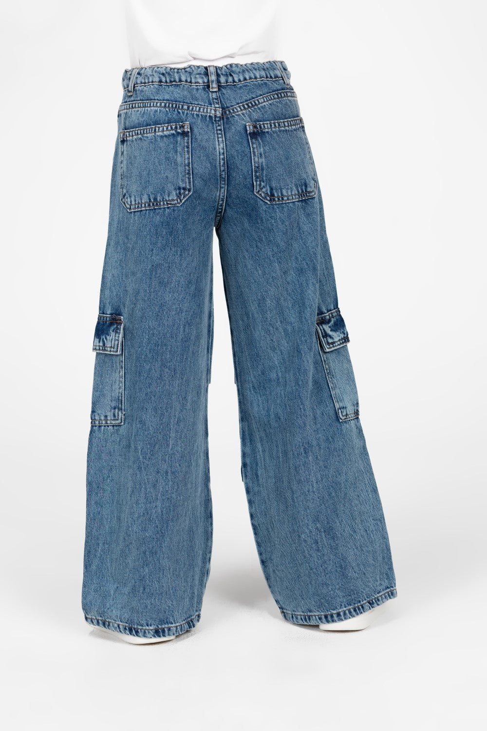 بنطلون جينز واسع الساق للبنات مع جيوب جانبية