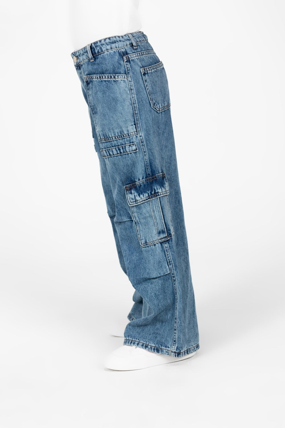 بنطلون جينز واسع الساق للبنات مع جيوب جانبية