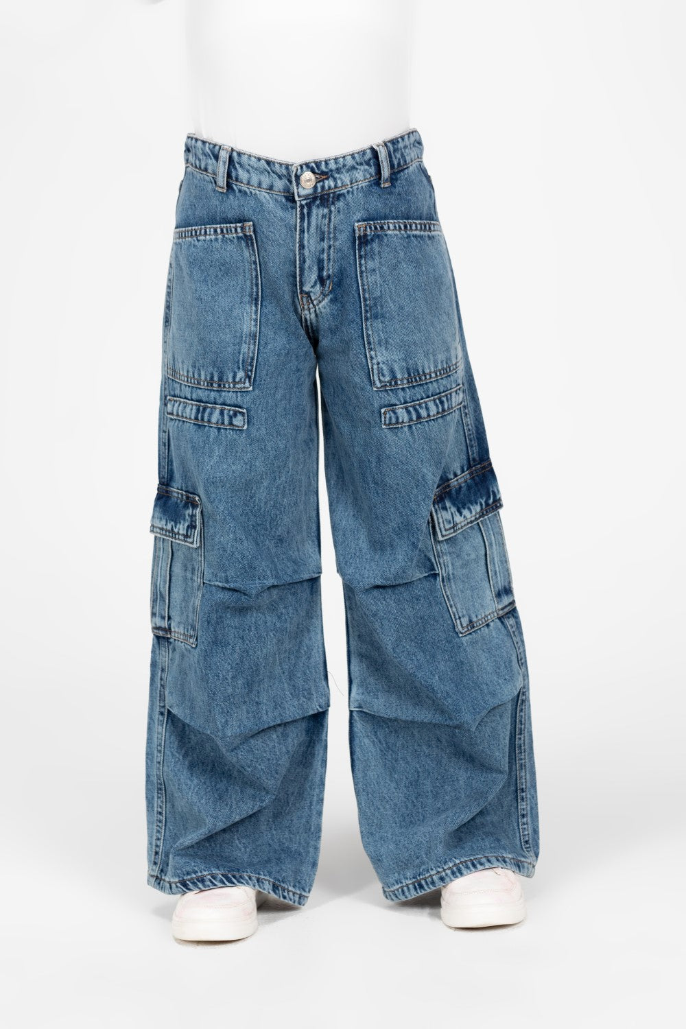 بنطلون جينز واسع الساق للبنات مع جيوب جانبية