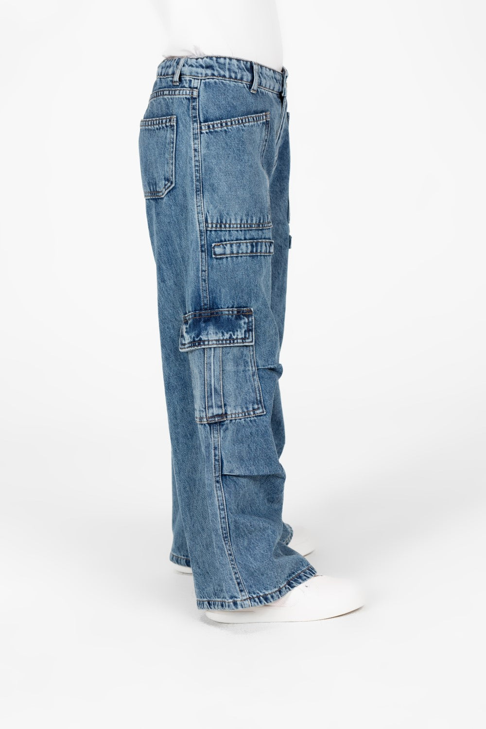 بنطلون جينز واسع الساق للبنات مع جيوب جانبية