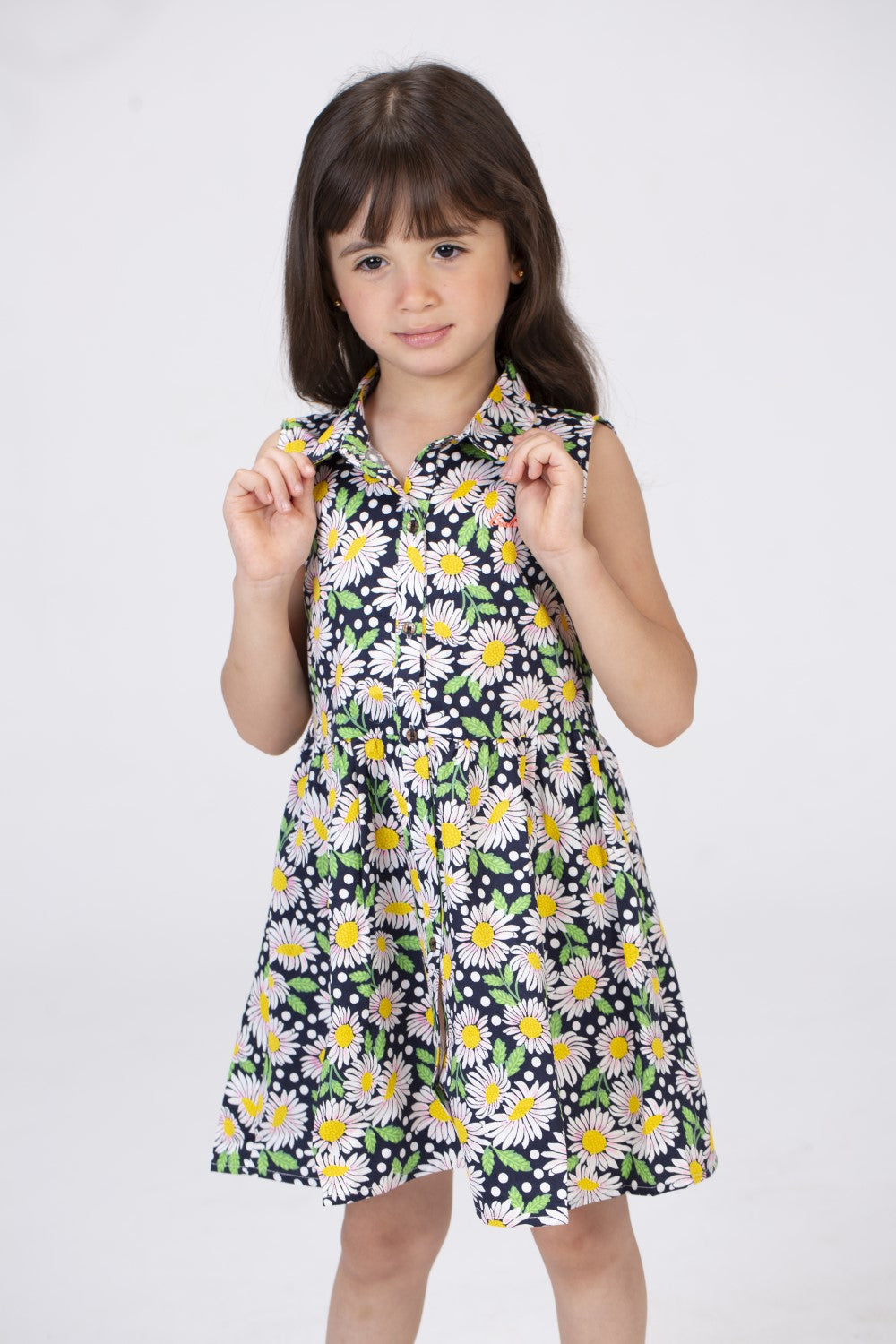 Girls Cut Navy Floral Dress With Collar