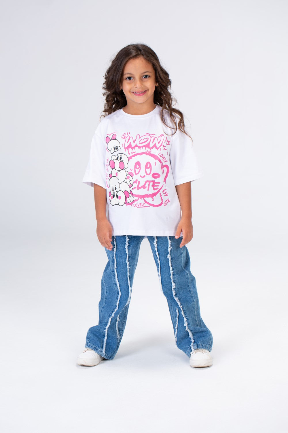 Girls Round Wide Cut Short Sleeved Printed T-shirt