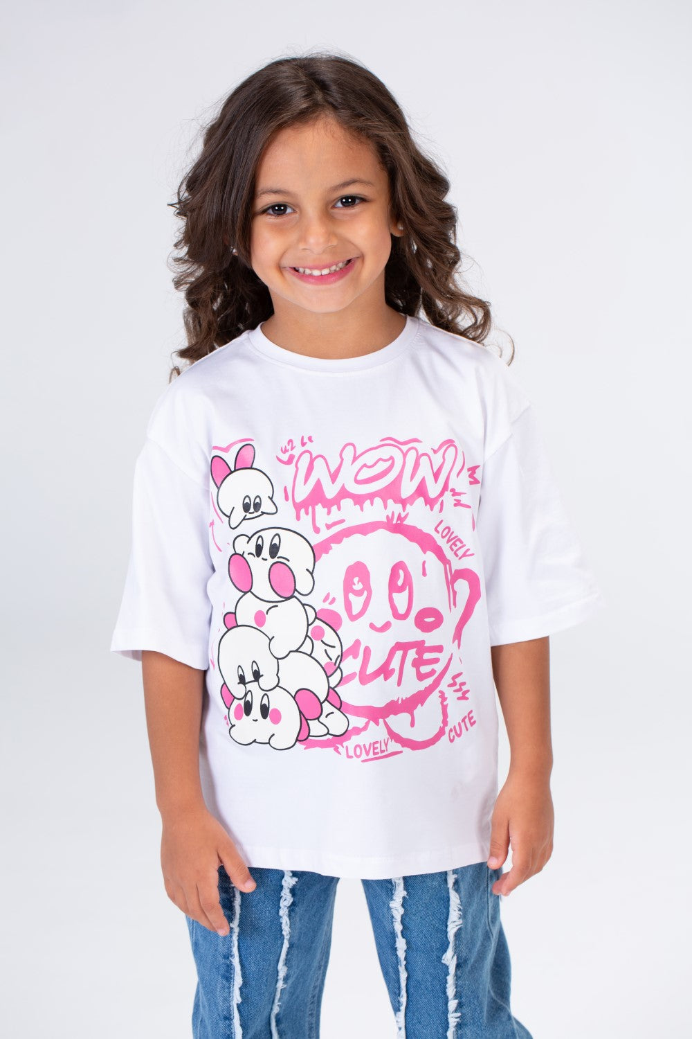 Girls Round Wide Cut Short Sleeved Printed T-shirt