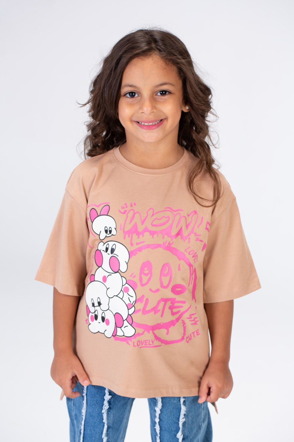 Girls Round Wide Cut Short Sleeved Printed T-shirt