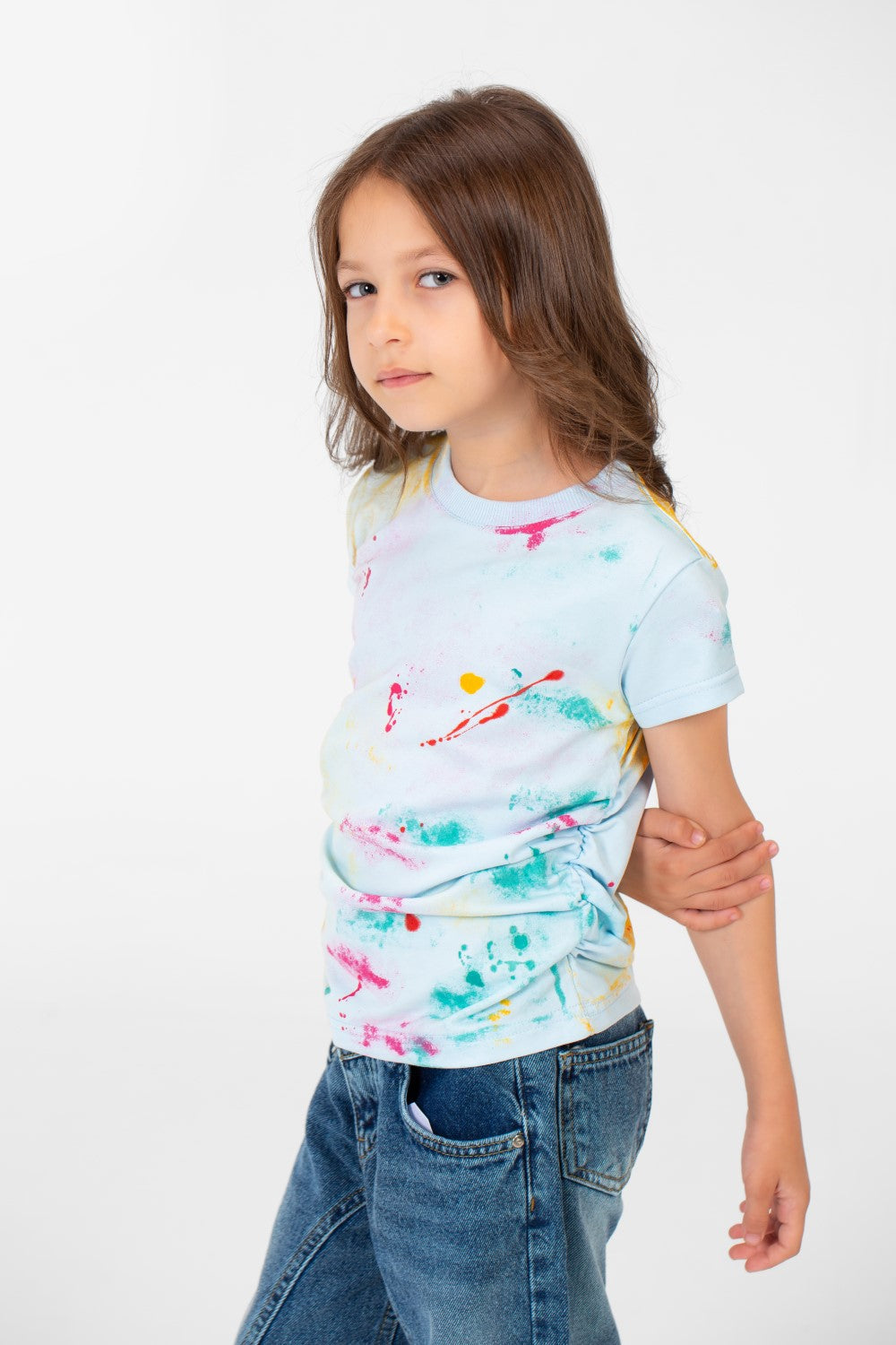 تي شيرت صيفي للبنات بأكمام قصيرة ورقبة مستديرة وطبعة ألوان ميلتون